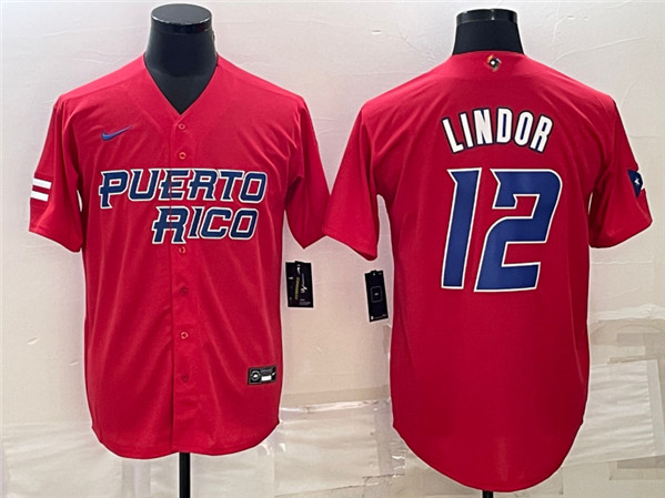Men's Puerto Rico Baseball #12 Francisco Lindor 2023 Red World Baseball Classic Stitched Jersey